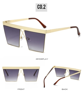 Three-view of square gold metal sunglasses with purple-grey gradient lenses and nose pads