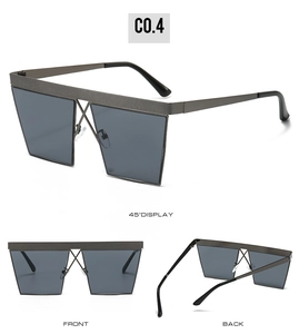 Three-view display of square punk sunglasses with X-shaped bridge and gray lenses