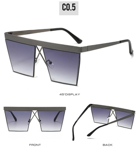 Three-view display of square flat top punk sunglasses with gradient purple lenses
