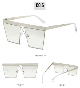Three perspectives of silver square flat top metal sunglasses with industrial design