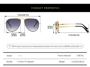 Size chart showing dimensions for vintage aviator sunglasses with gold metal frames