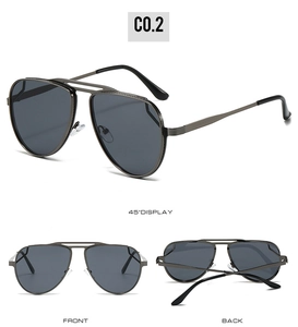 Three-view display of gunmetal pilot sunglasses with classic double-bridge metal frame