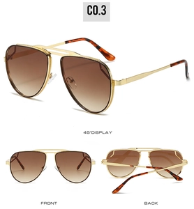 Three-angle view of gold metal aviator sunglasses with brown gradient lenses and dual bridge