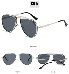 Detailed views of pilot sunglasses with classic double-bridge metal frame and dark lenses