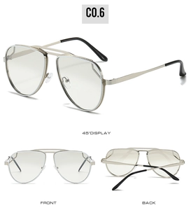 Detailed views of gold aviator sunglasses with dual-bridge frames and clear lenses