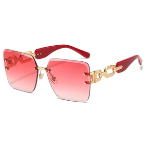 Frameless red gradient sunglasses with stylish gold chain metal temples for men and women