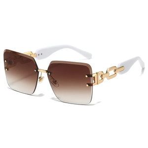 Frameless rimless sunglasses with gradient brown lenses and golden metal chain temples