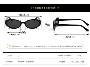 Detailed technical specifications and dimensions for vintage oval frame sunglasses in PC