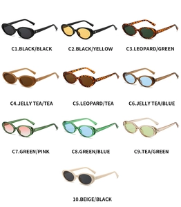 Grid display of vintage oval sunglasses in various colorful frame and lens combinations