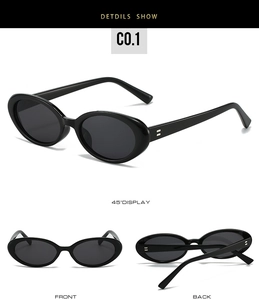 Detailed views of vintage oval sunglasses in glossy black from front, back, and 45-degree angle