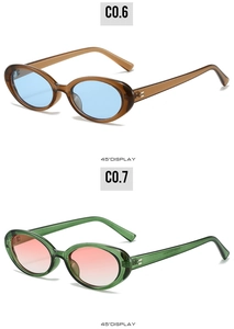 45-degree angle display of vintage oval sunglasses in blue and pink gradient lenses