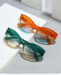 Detail of 2024 cat eye glasses with orange-blue and green-yellow gradient frames