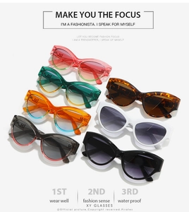 Detailed macro view showing seven fashionable cat-eye sunglasses colors with durable frames