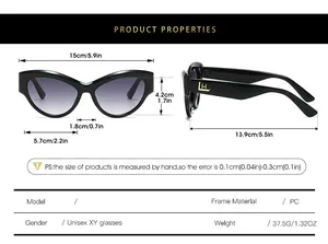 Size chart for cat-eye sunglasses detailing frame dimensions and PC material specifications