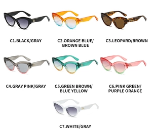Cat eye sunglasses detail showing seven color variants with golden HL temple accents