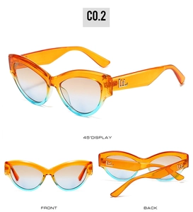 Detailed multi-angle views of orange-blue gradient cat-eye sunglasses with gold logo