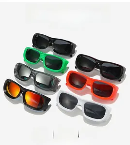 Detail view of colorful rectangular thick frame sunglasses in various trendy retro colors