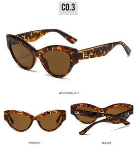 Three-angle view of tortoise shell cat eye sunglasses with LH logo on temple and tea lenses