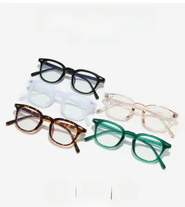 Detail view of stylish square eyeglass frames in five colors with silver rivet accents
