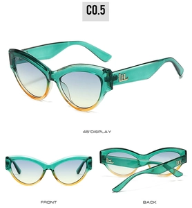 Three-angle view of green cat-eye sunglasses with blue-yellow gradient lenses and gold logo