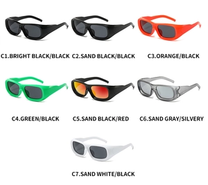 Detailed grid showing seven color variations of retro rectangle fashion sunglasses