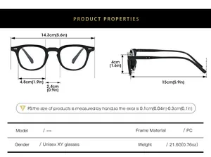 Detailed size chart showing dimensions and PC frame specifications for retro glasses