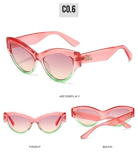 Three-angle view of cat-eye sunglasses with gradient frames and gold temple logos