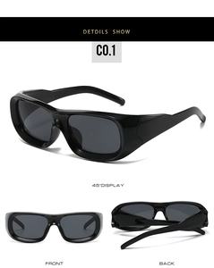 Detailed multi-angle views of glossy black rectangular sports sunglasses with dark lenses