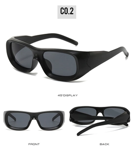 Three views of black rectangular sporty sunglasses showing front, back and 45 degree angle