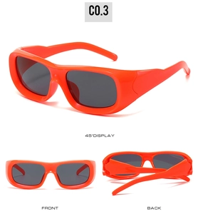 Three-angle view of orange rectangular sports sunglasses with black polarized lenses