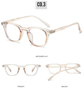 Detail view of transparent nude square glasses with blue light blocking lenses from three angles