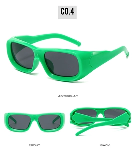 Macro view of green rectangular sunglasses showing the frame and front and back angles