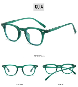 Three-angle display of transparent green square glasses frames with anti-blue light lenses