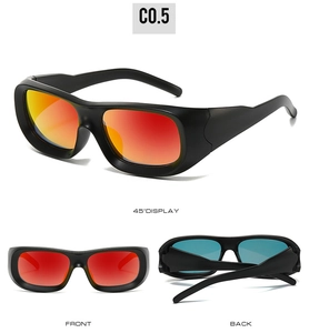 Three-angle view of rectangle sports sunglasses with red-orange reflective lenses