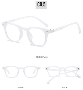 Three-view display of transparent square blue light blocking glasses frames for women
