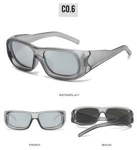 Detailed views of translucent grey rectangle sunglasses with wide temples and lenses