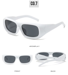 Detailed views of retro white wide frame rectangular sunglasses with dark lenses