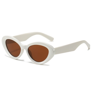 Retro cat-eye sunglasses with thick white oval frames and brown lenses at a 45-degree angle