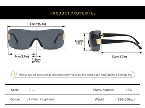 Detailed size specifications for oversized wraparound sunglasses with frame width 14.5cm