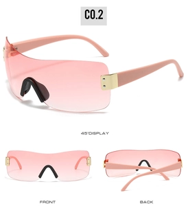 Detailed views of pink gradient rimless Y2K wrap-around sunglasses with gold metal accents