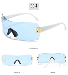 Detail of oversized sunglasses with light blue lenses and white frame from three angles