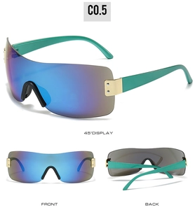 Three perspectives of oversized rimless sports sunglasses with blue lenses and green arms