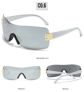 Three-view layout of silver shield sunglasses with white temples and gold metal hinges