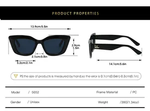 Detailed size chart for cat eye sunglasses with frame measurements and model 5652 specs