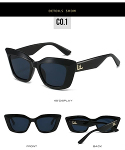 Detailed views of black cat-eye sunglasses with polished frames and golden side logos