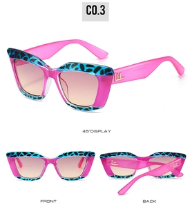 Three-way view of cat eye sunglasses with pink frame, leopard pattern and gradient lenses