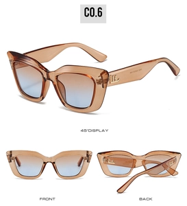 Three-view layout of translucent amber cat-eye sunglasses with gradient lenses and gold logo