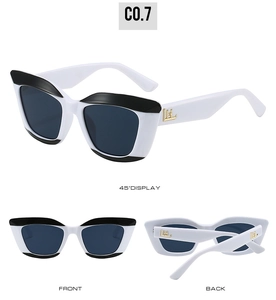 Detailed multi-angle view of two-tone cat-eye sunglasses with white frames and black accents