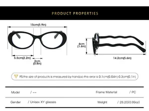 Detailed size chart for oval PC frame glasses with lens and temple measurements