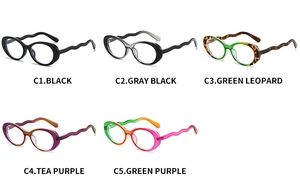 Detail view of oval eyewear featuring unique wavy temples in five vibrant color gradient options